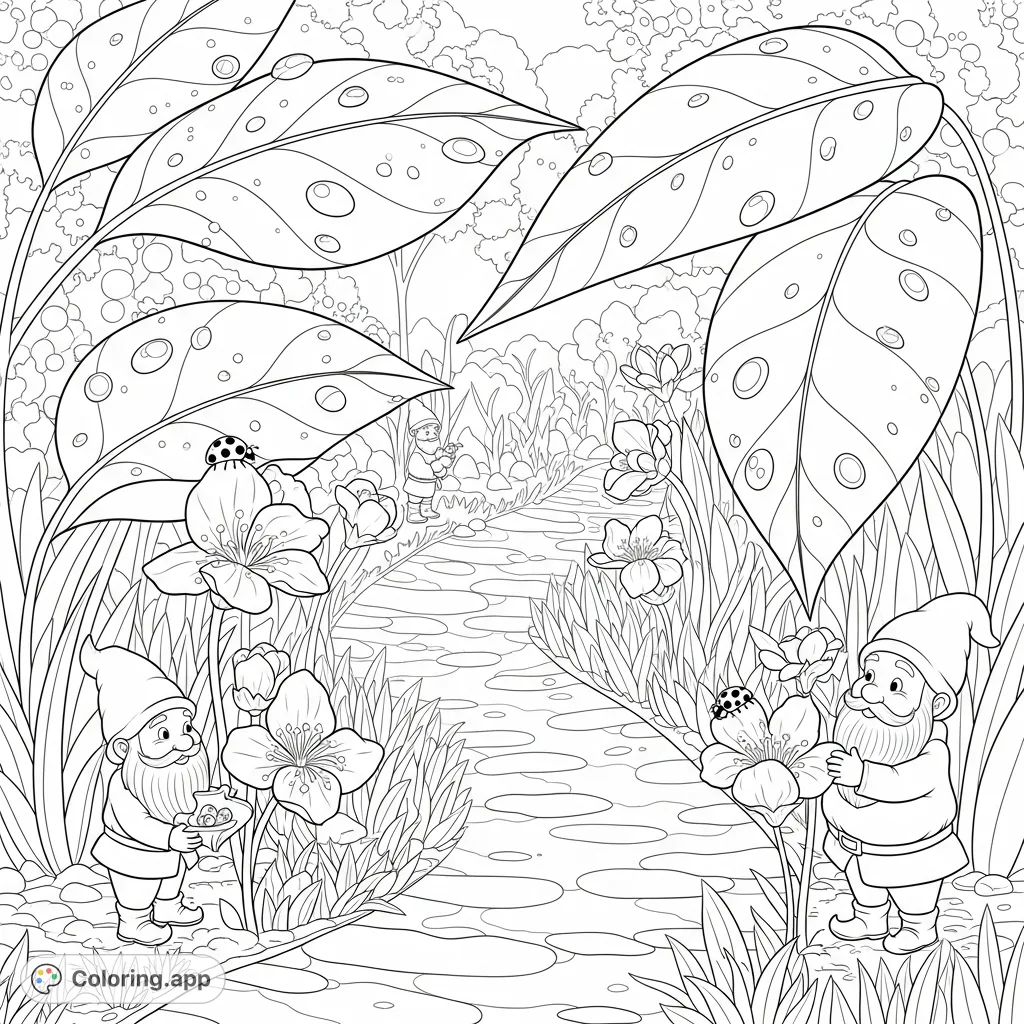 A serene botanical garden scene with a winding path, oversized patterned leaves, tiny gnomes tending blossoms, and ladybugs symbolizing renewal and growth.