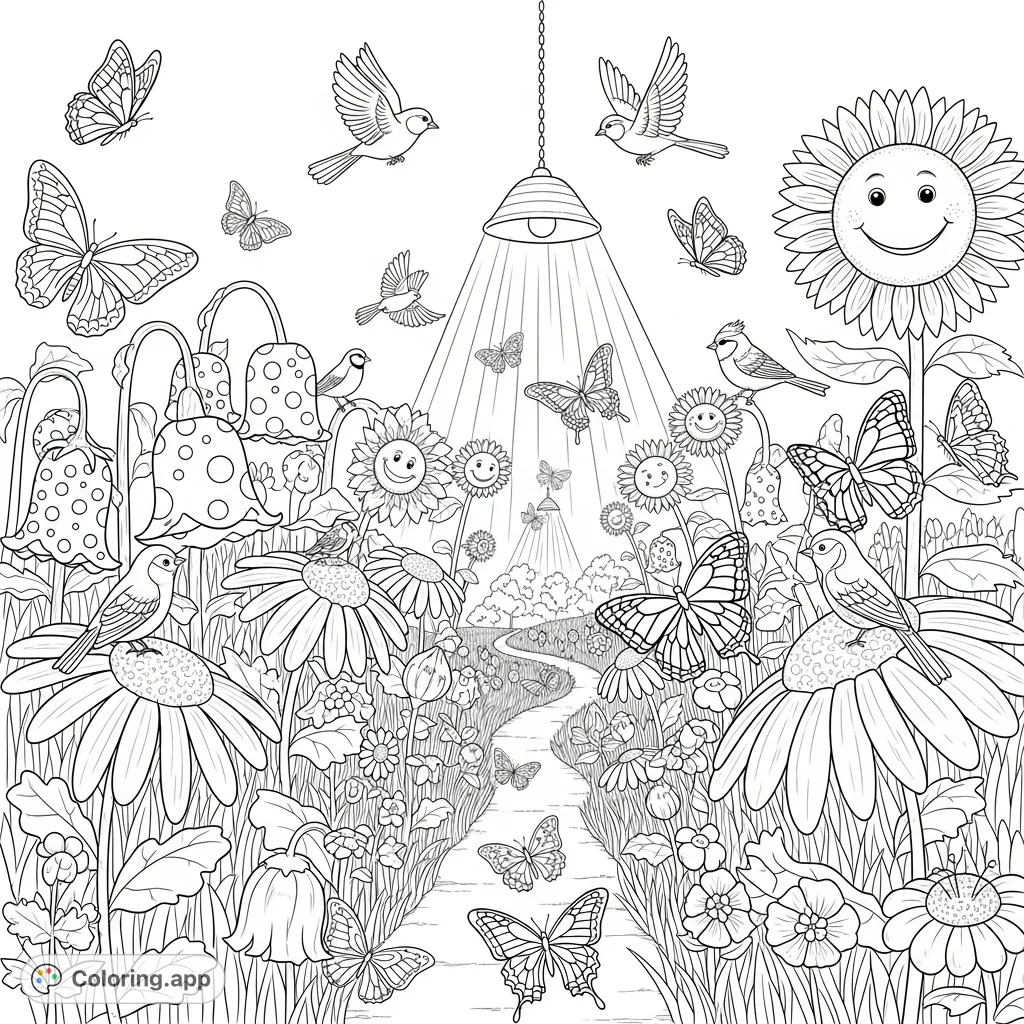 Dive into a whimsical summer meadow. Oversized flowers, intricate butterflies, and cheerful birds create a delightful scene with a winding path awaiting discovery.