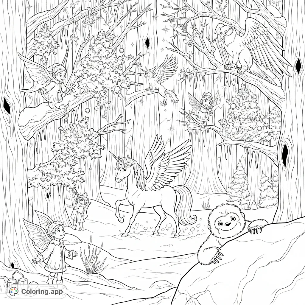 An enchanting winter forest where mythical creatures celebrate the season, featuring playful sprites, a prancing unicorn, a wise griffin, and a friendly yeti.