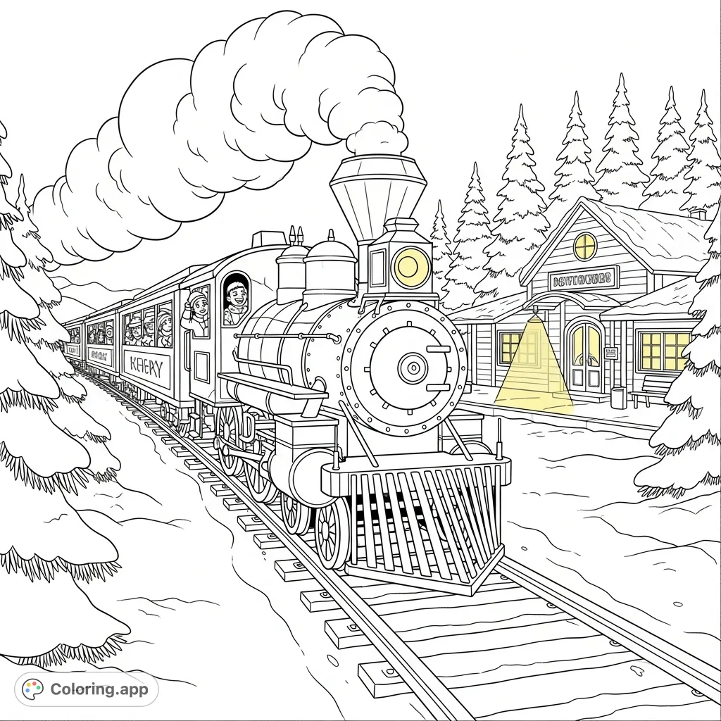 A delightful coloring page featuring an old-fashioned steam train traversing a serene, snow-covered winter landscape, with pine trees and a cozy station.