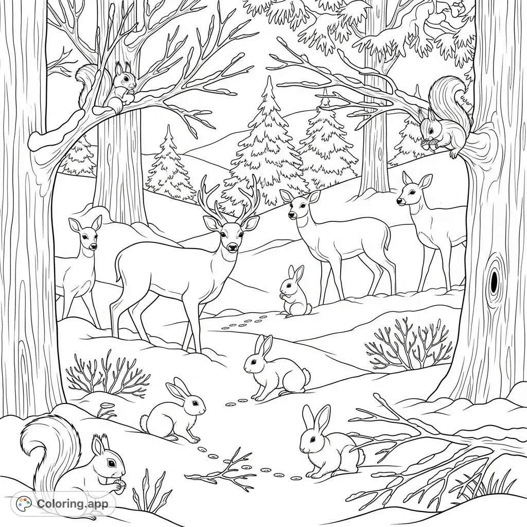 Friendly forest animals explore a serene winter wonderland, leaving tracks in fresh snow amidst snow-dusted trees, capturing the season's quiet magic.