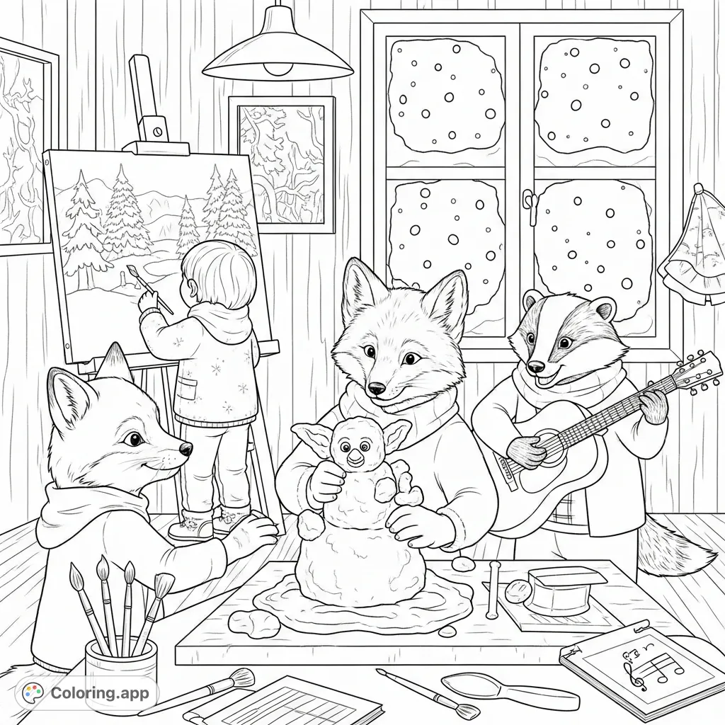 Discover a charming winter workshop where forest animals and children create art and music. Perfect for a cozy coloring escape!