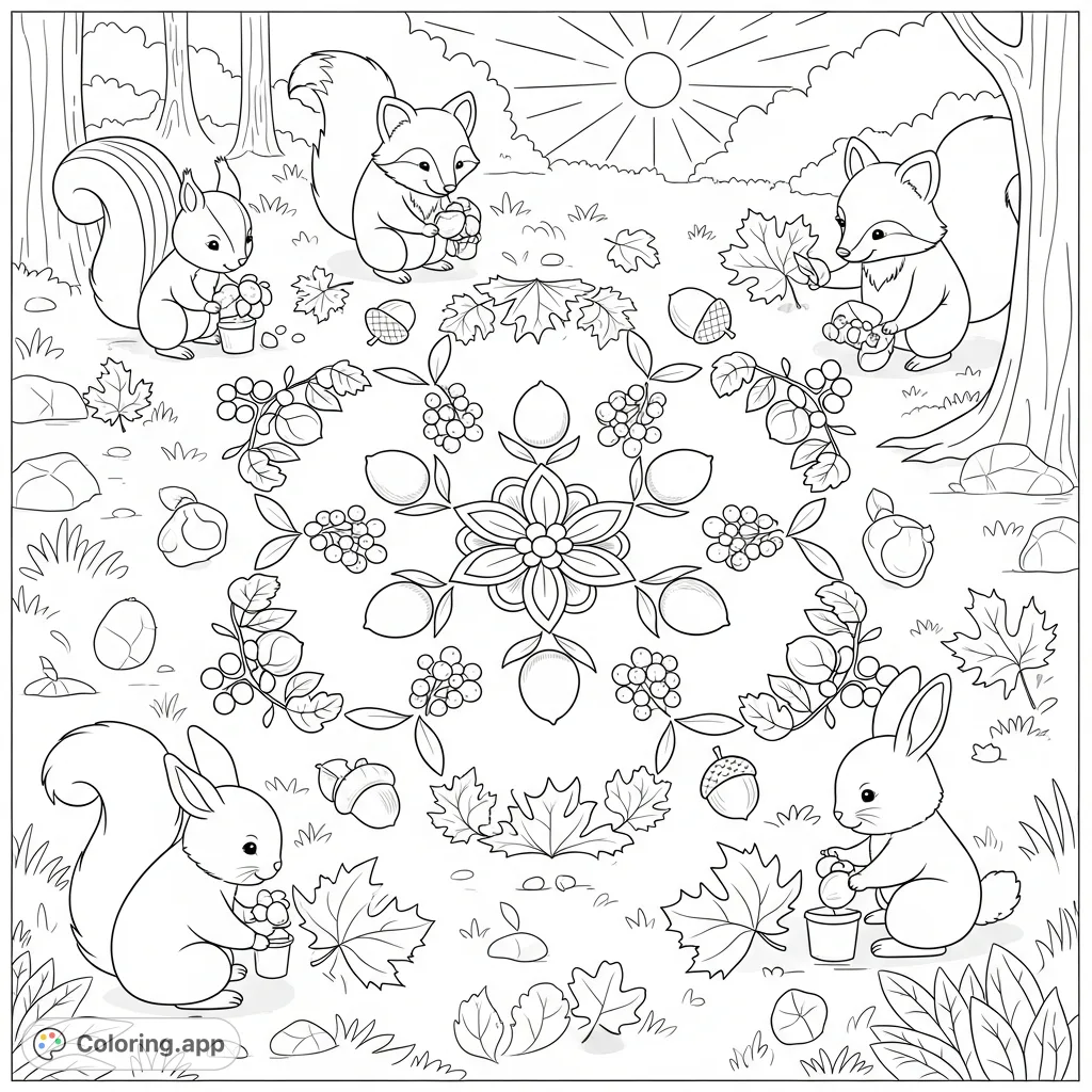 Cheerful woodland animals like squirrels, foxes, and bunnies craft an intricate mandala on a sun-dappled forest floor using autumn leaves, acorns, berries, and pebbles. Celebrates fall.
