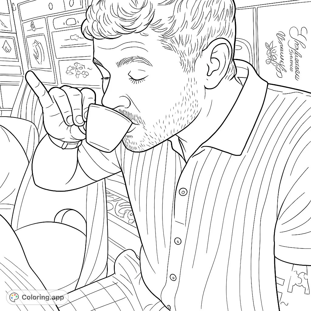 Capture a moment of quiet enjoyment with this detailed coloring page featuring a man savoring a drink, set against a backdrop of unique wall decor.