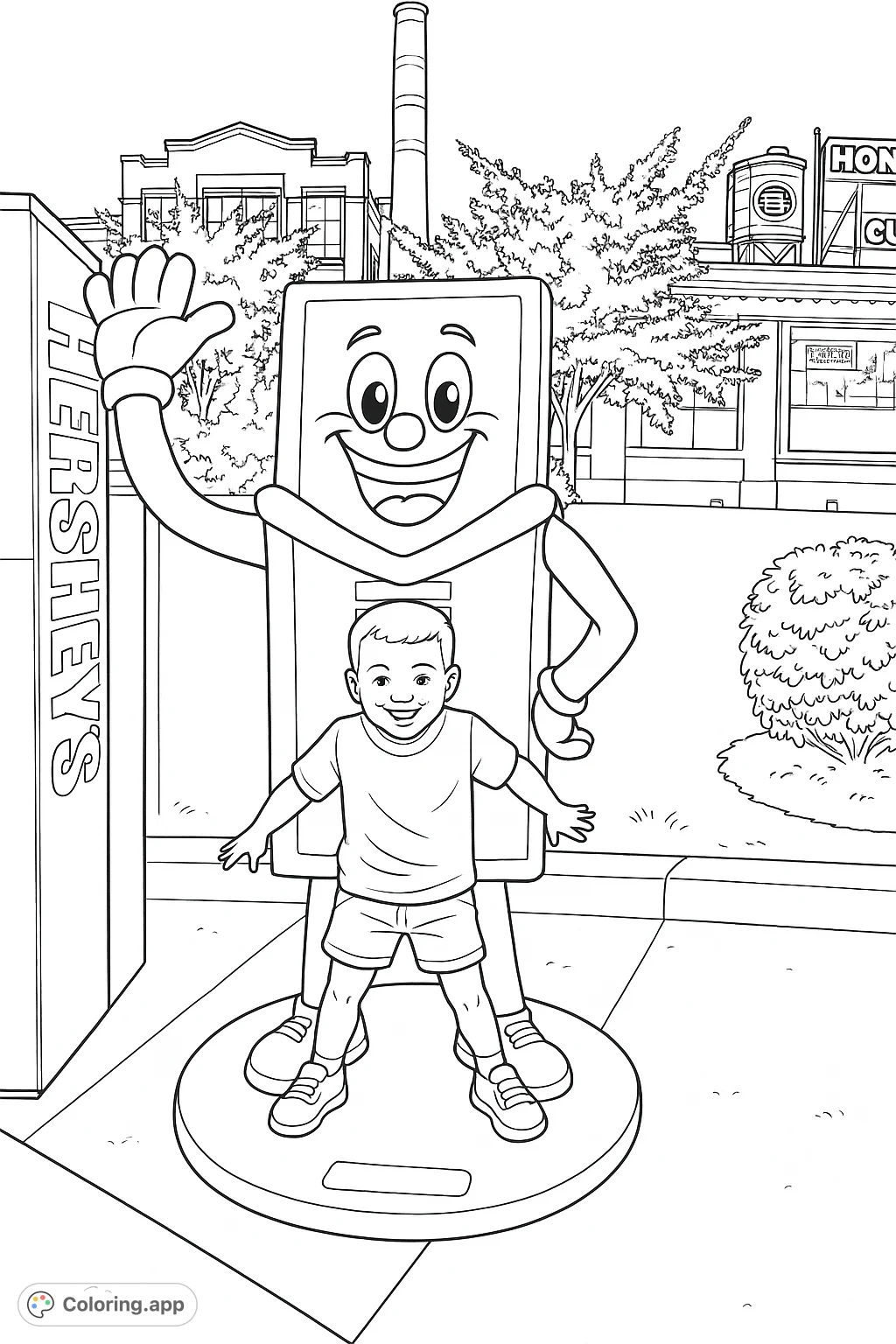 A cheerful young boy poses with a friendly chocolate bar mascot statue, set against a backdrop of a factory building and trees. A fun scene for all ages.