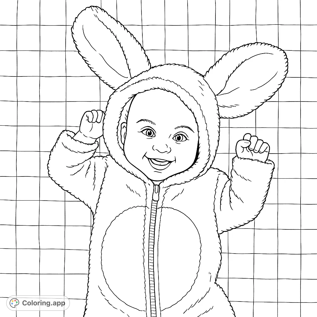 An adorable baby in a fluffy animal costume with big ears, smiling happily. A delightful and heartwarming scene perfect for coloring.