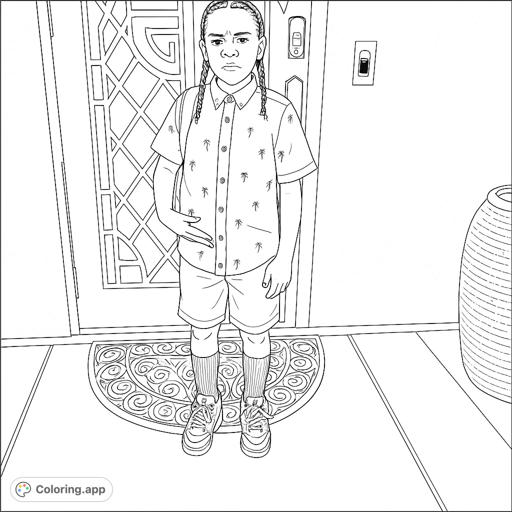 A young boy with braids and a backpack stands ready, featuring a patterned shirt, shorts, and detailed sneakers against a textured door and wall.