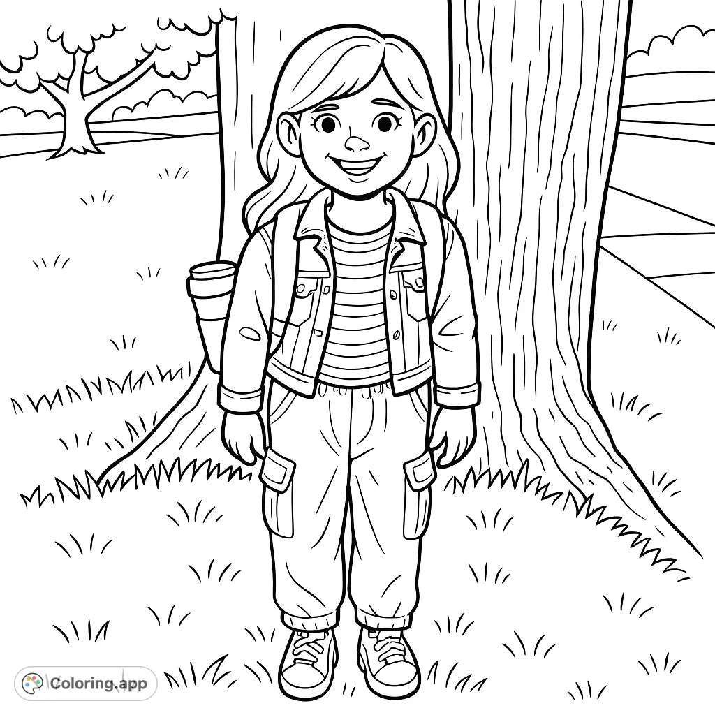 A cheerful girl with a backpack stands by a large tree, ready for adventure. This cartoony student coloring page is perfect for young colorists to personalize her outfit and the outdoor scene.
