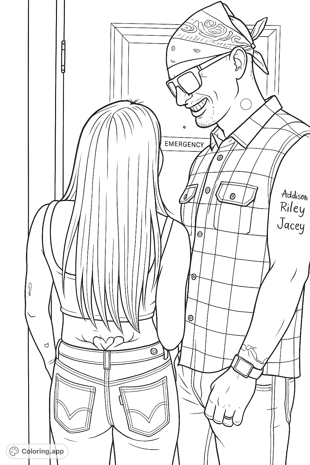 A casual scene featuring two individuals, one with long hair and a lower back tattoo, the other in a plaid shirt with arm tattoos and sunglasses. Perfect for adult colorists.