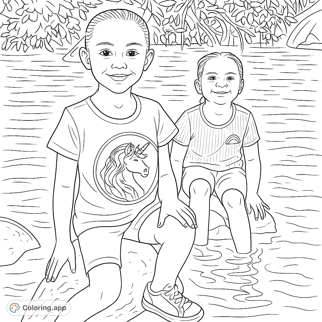 Two smiling girls enjoy a peaceful moment by a stream, sitting on rocks amidst lush foliage. A delightful nature scene for creative coloring.