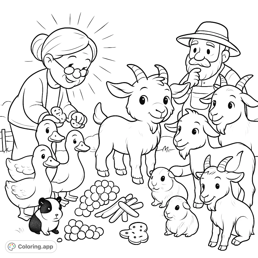 A heartwarming farm scene with an elderly couple feeding adorable goats, ducks, and guinea pigs. A delightful free printable farm animal coloring page for kids.