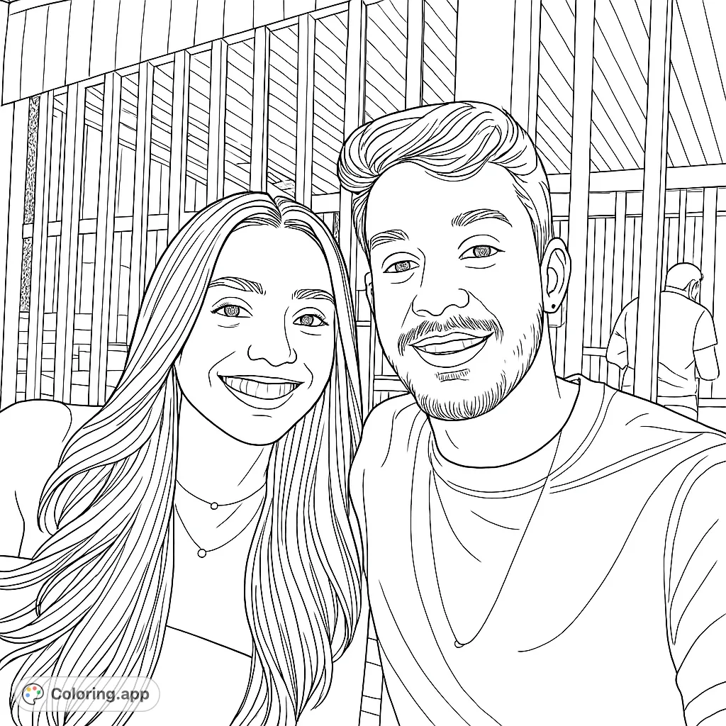 A heartwarming coloring page featuring a smiling couple, perfect for celebrating relationships and shared moments. Express your creativity with this delightful portrait.