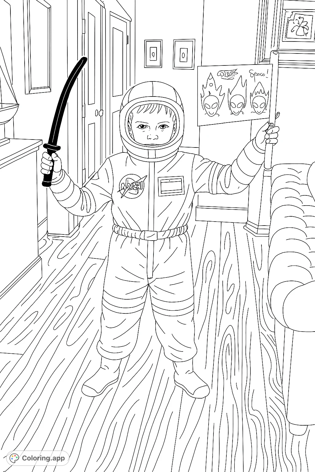 An adventurous young astronaut, holding a sword and a flag with wolf designs, stands ready for a mission. A fun space-themed coloring page for kids!