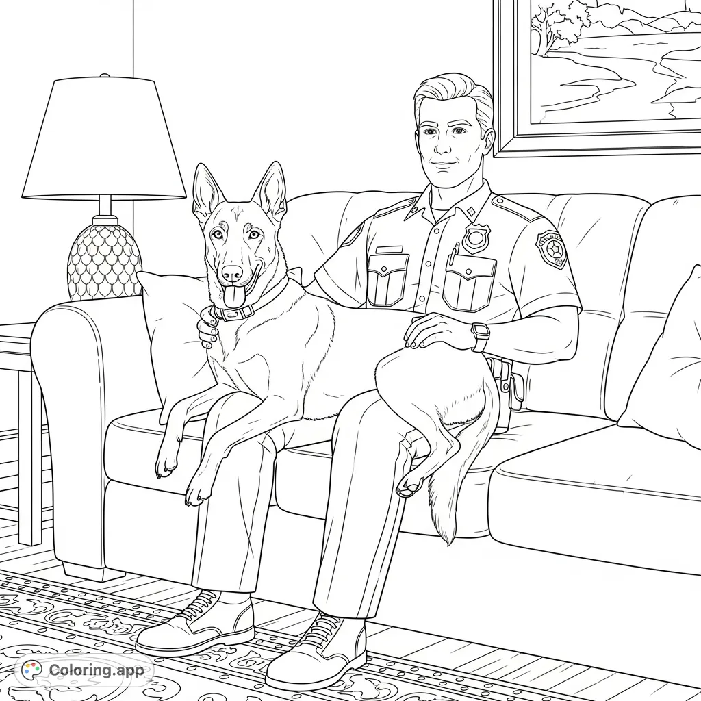 A loyal Belgium Malinois rests on a police officer's lap in a cozy living room, depicting a heartwarming bond between partners.