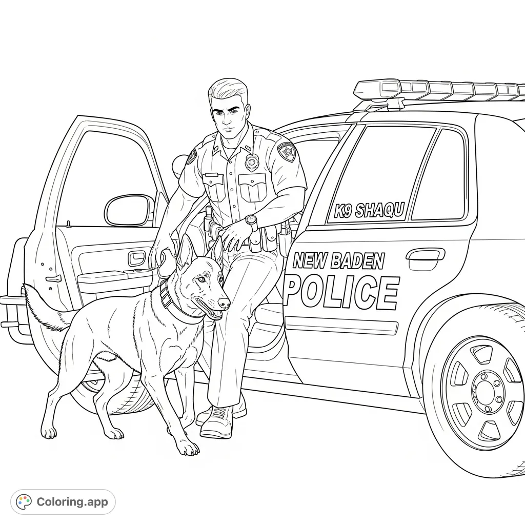 A brave Belgium Malinois K9 Shaqu and his police officer partner exit a New Baden Police car, ready for duty. A detailed scene for K9 enthusiasts.