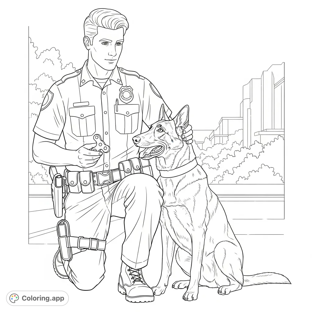 A dedicated police officer kneels to pet and reward his loyal Belgium Malinois K9 partner with a treat, set against a subtle outdoor backdrop.