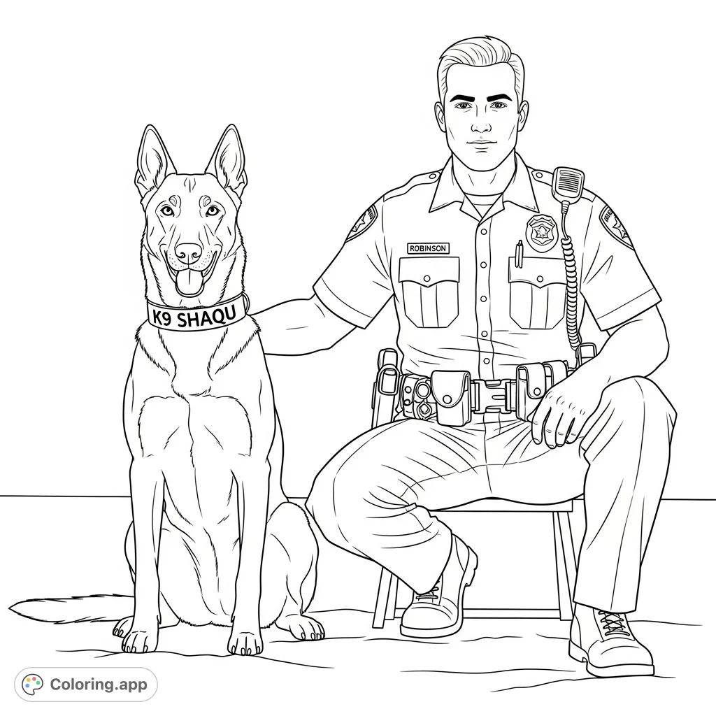 A detailed K9 coloring page featuring Officer Robinson and his loyal Belgium Malinois partner, K9 Shaqu, sitting together in a scene of partnership.