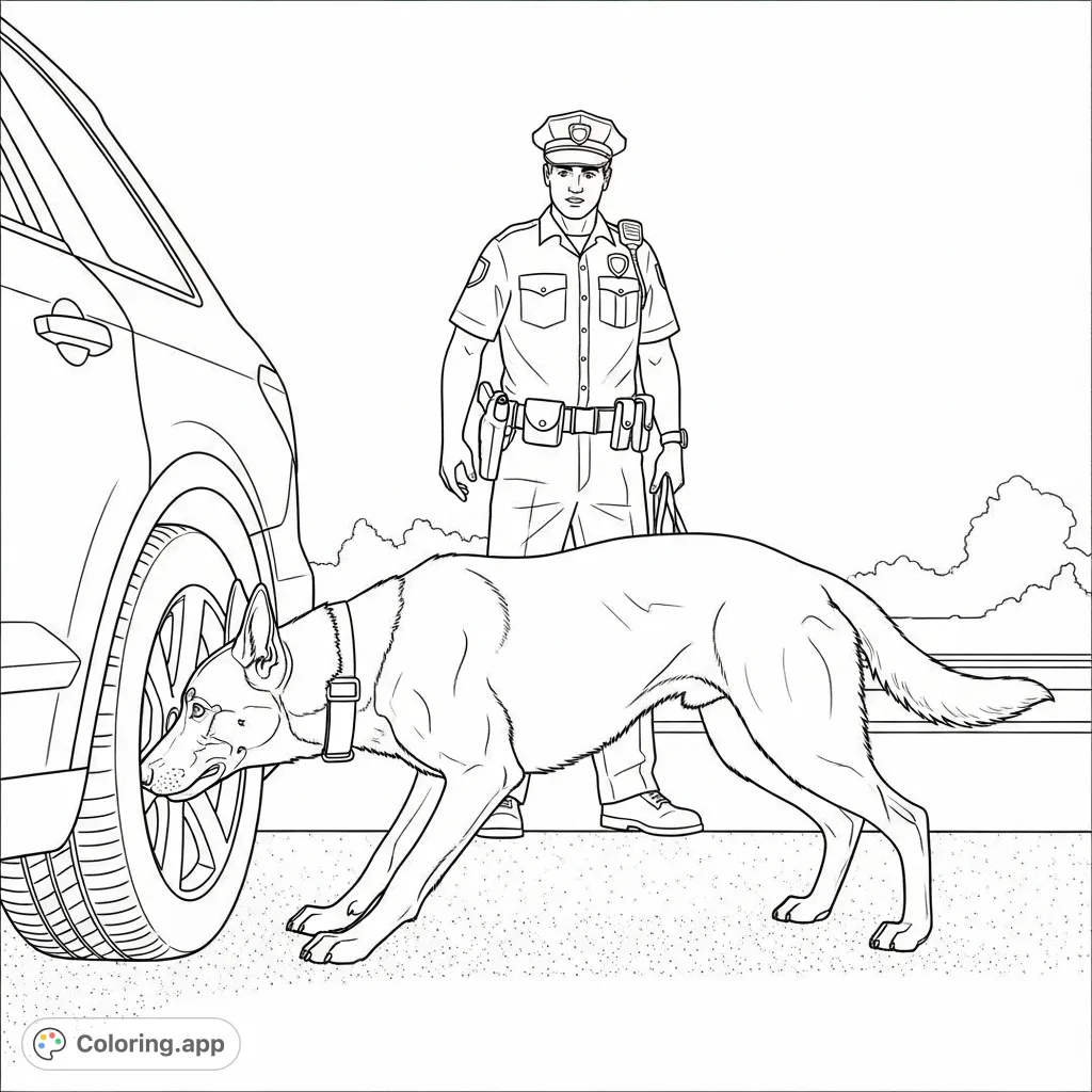 A detailed police dog coloring page featuring a Belgian Malinois and officer searching a vehicle. Perfect for K9 enthusiasts and aspiring law enforcement.
