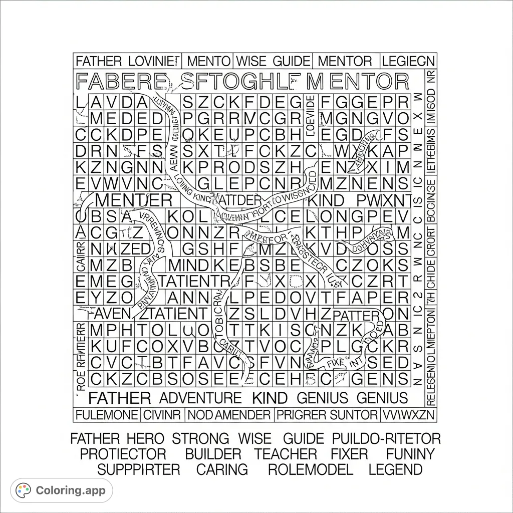 A challenging word search puzzle designed for dads, featuring a dense grid of letters and a list of hidden words related to fatherhood. Perfect for an engaging activity.