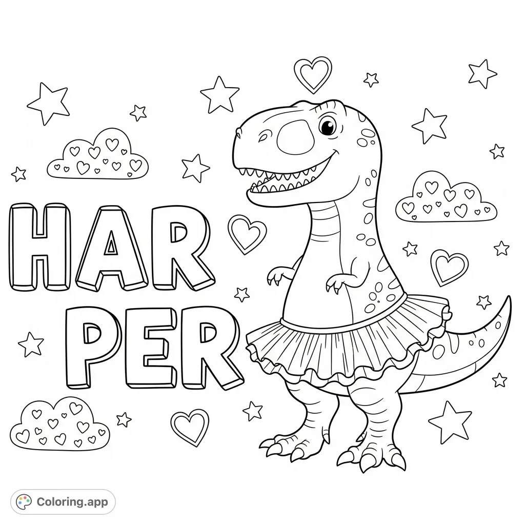 A delightful HARPER coloring page featuring a charming dinosaur in a fluffy tutu amidst stars and clouds. Perfect for personalized fun!