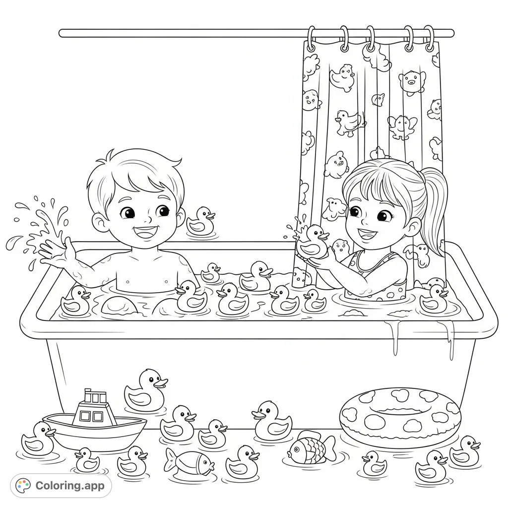 A delightful scene of a little boy and girl enjoying a bubbly bath, surrounded by a cheerful fleet of rubber duckies and various playful bath toys.
