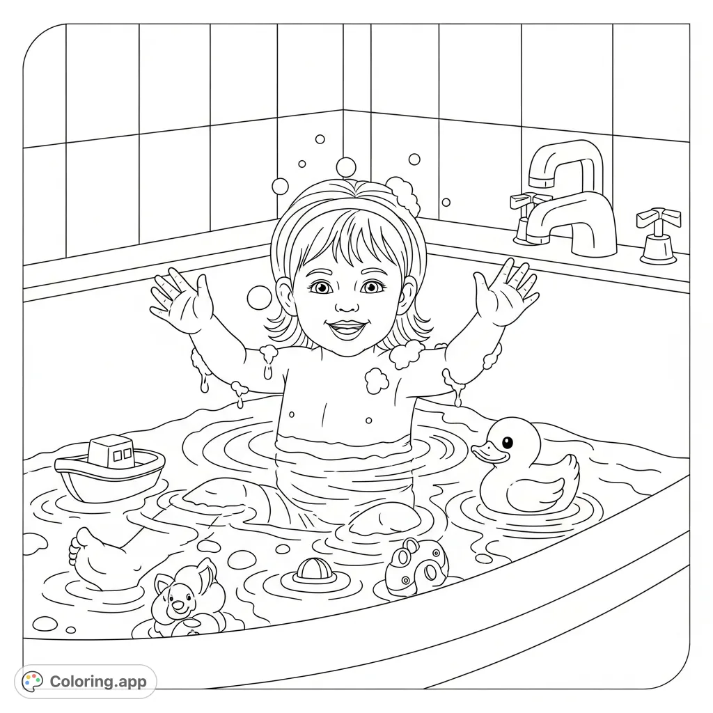 A charming scene of a little girl enjoying her bath, surrounded by playful rubber duckies and various floating toys, perfect for a relaxing coloring experience.