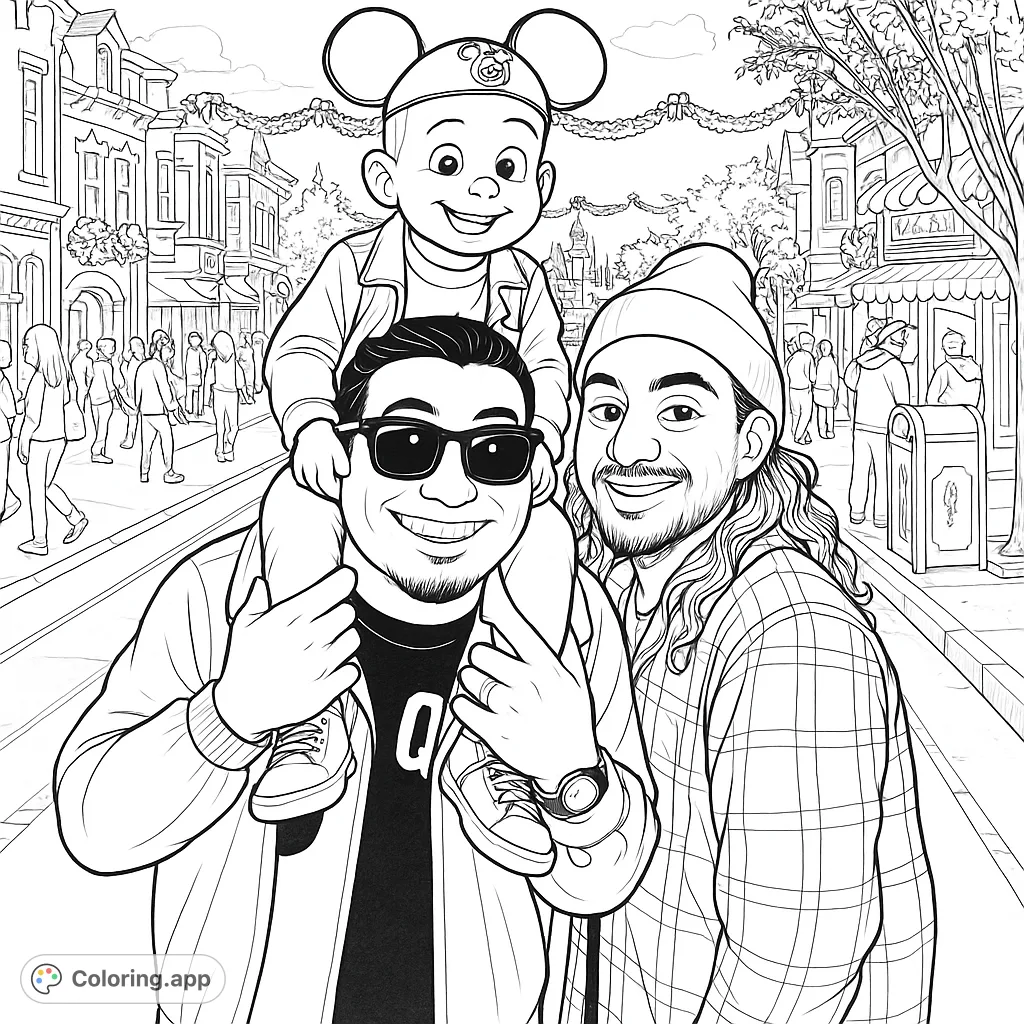 Capture the joy of a family outing at a magical theme park. This Disney Pixar-style coloring page features a happy family amidst festive decorations, perfect for all ages.