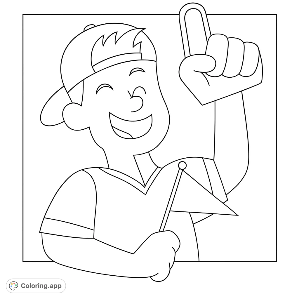 An energetic fan cheers with a foam finger and flag, ready for a fun event. This dynamic sports fan coloring page is perfect for all ages.