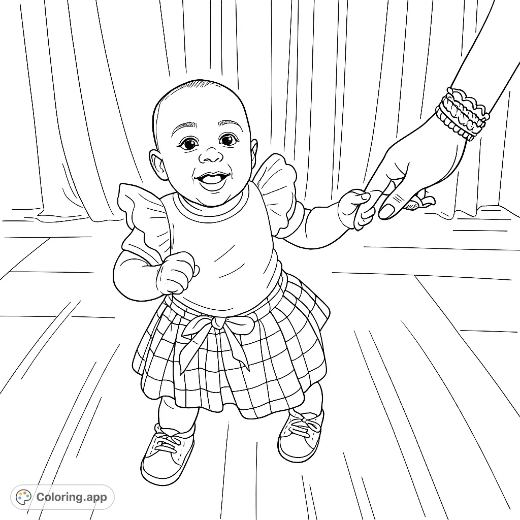 A delightful baby stands, holding an adult's hand, dressed in a cute outfit. Perfect for celebrating new beginnings and family bonds.