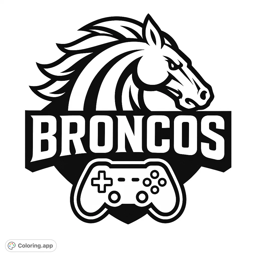 A dynamic coloring page featuring a fierce horse head, 'BRONCOS' text, and a gaming controller, perfect for sports and gaming fans.