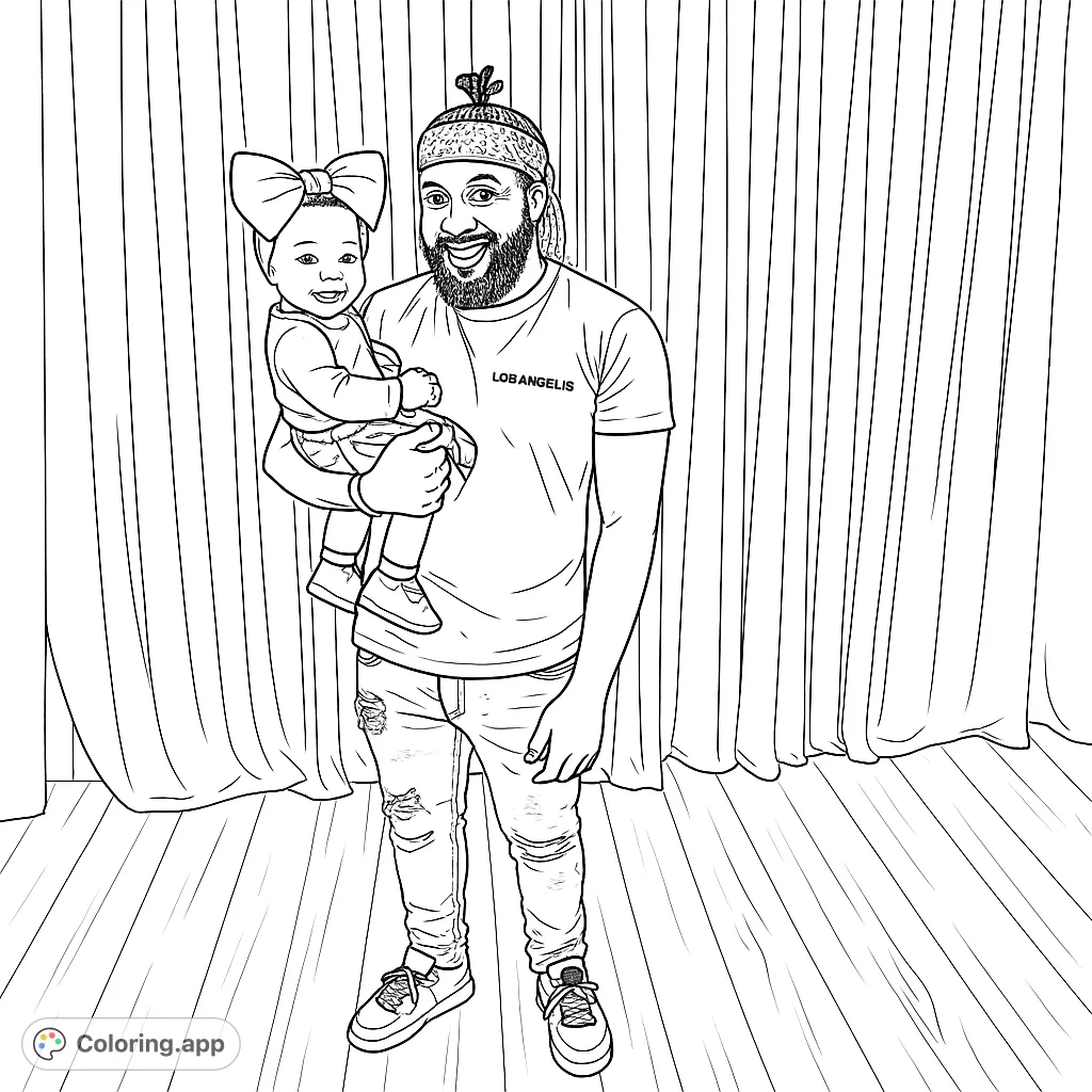 A heartwarming coloring page featuring a smiling father holding his happy baby, set against a draped backdrop. Perfect for celebrating family bonds.