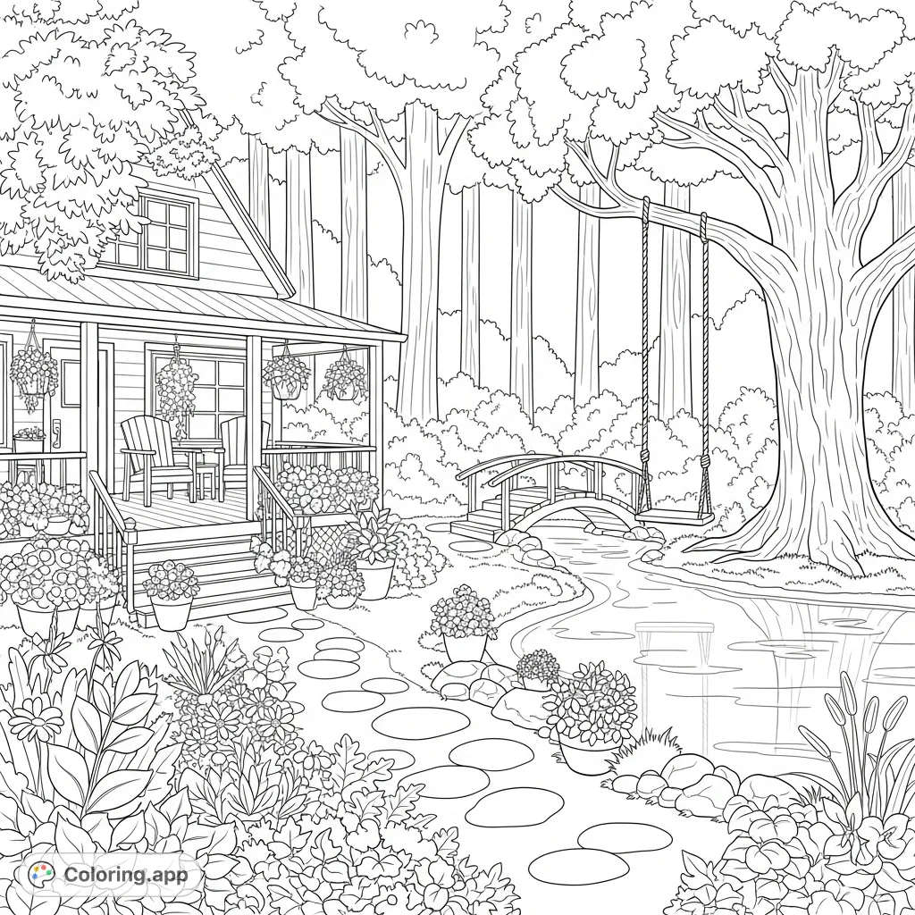 Explore a serene woodland scene featuring a charming cabin with a wrap-around porch, a lush garden, tranquil pond, and a rustic tree swing.