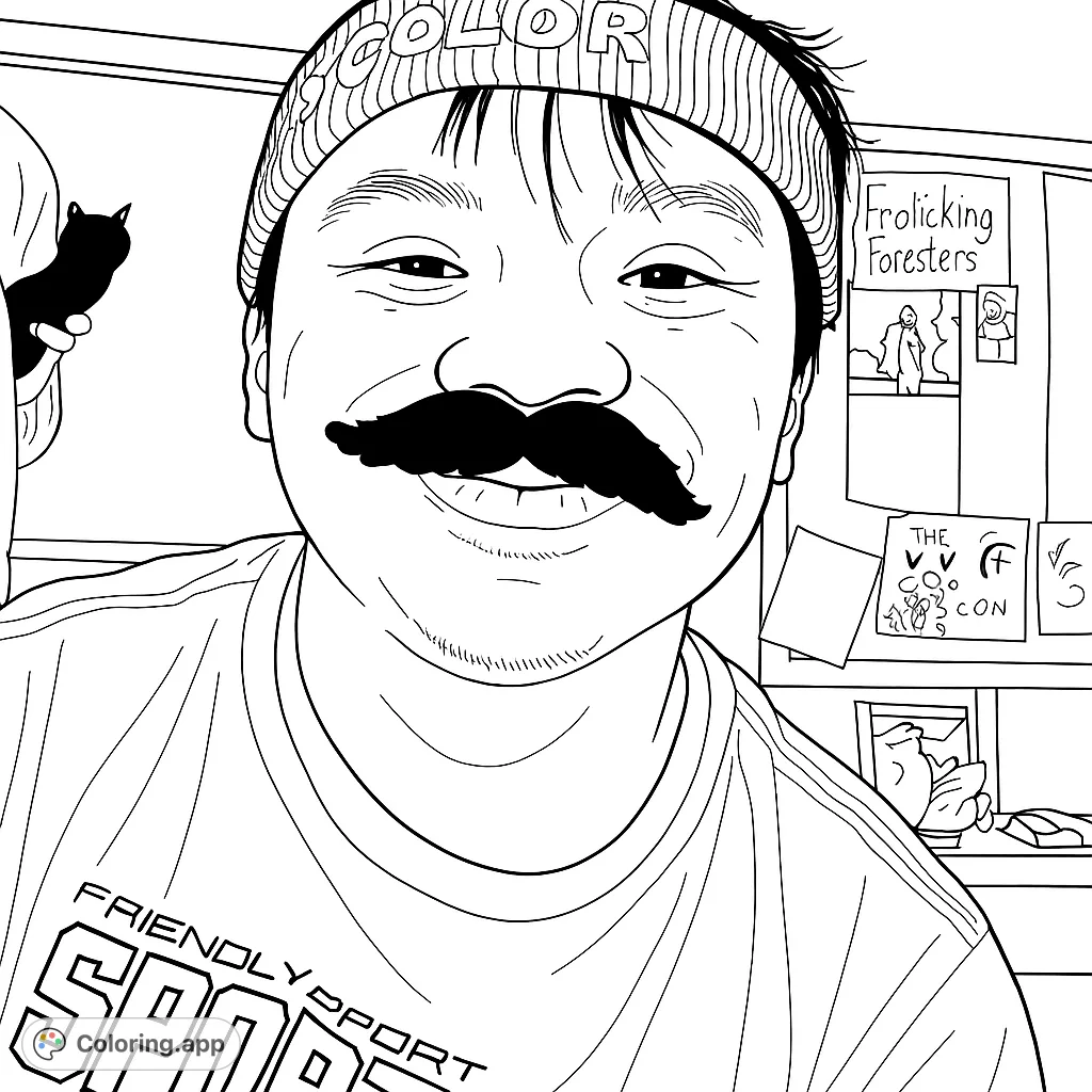 A fun coloring page featuring a person with a striped headband and a whimsical fake mustache, ready for creative expression.