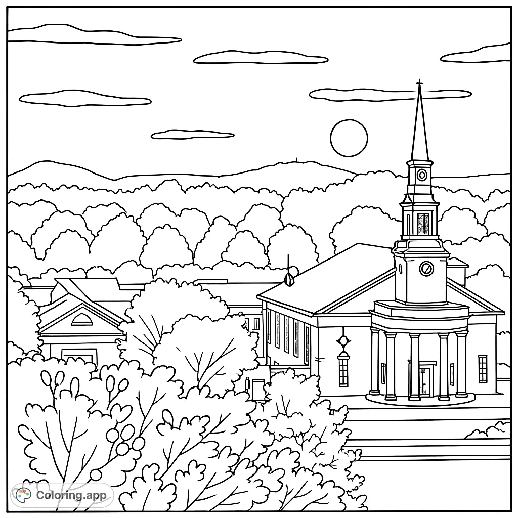 A detailed coloring page featuring a majestic church with a tall steeple, surrounded by dense trees and distant mountains under an expansive sky.