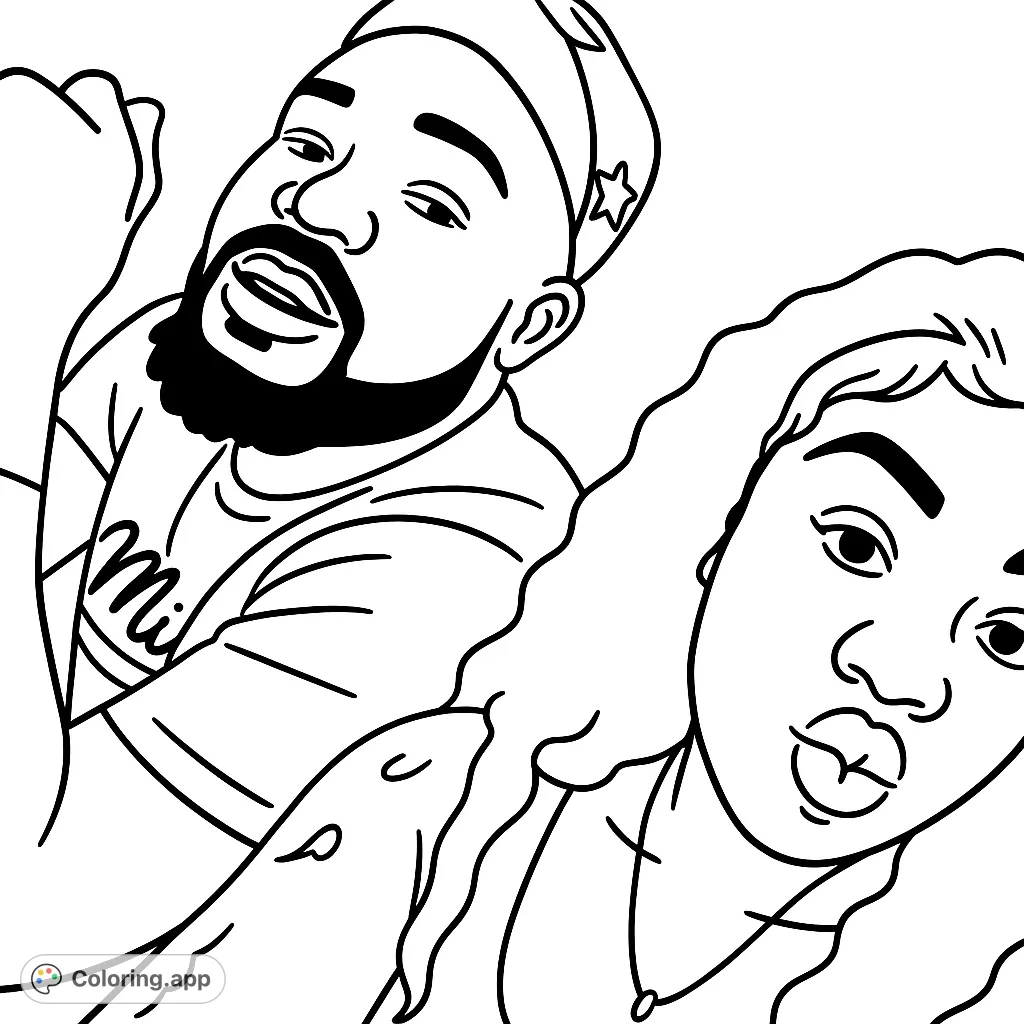 Capture a fun moment with this cartoony couple's night out coloring page. Features a man in a cap and a woman with pursed lips, perfect for creative expression.