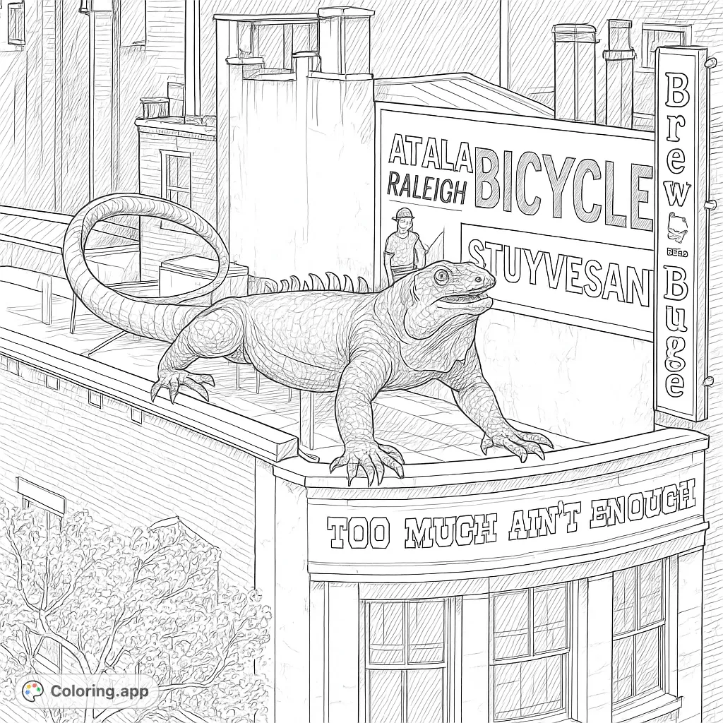 An intricate urban scene featuring a colossal iguana on a rooftop, with a musician playing guitar nearby. A unique and detailed coloring challenge.