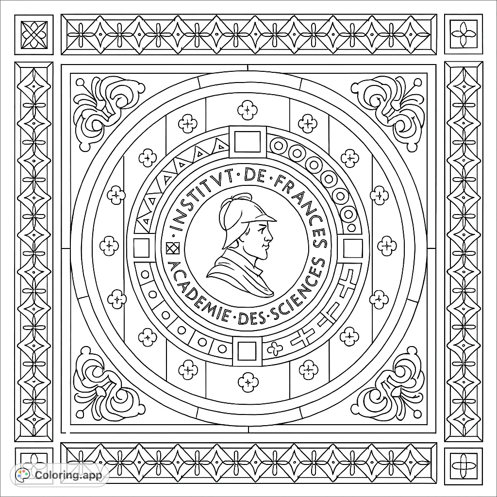 Intricate academic emblem with a classical figure and detailed geometric and floral patterns, perfect for a challenging coloring experience.