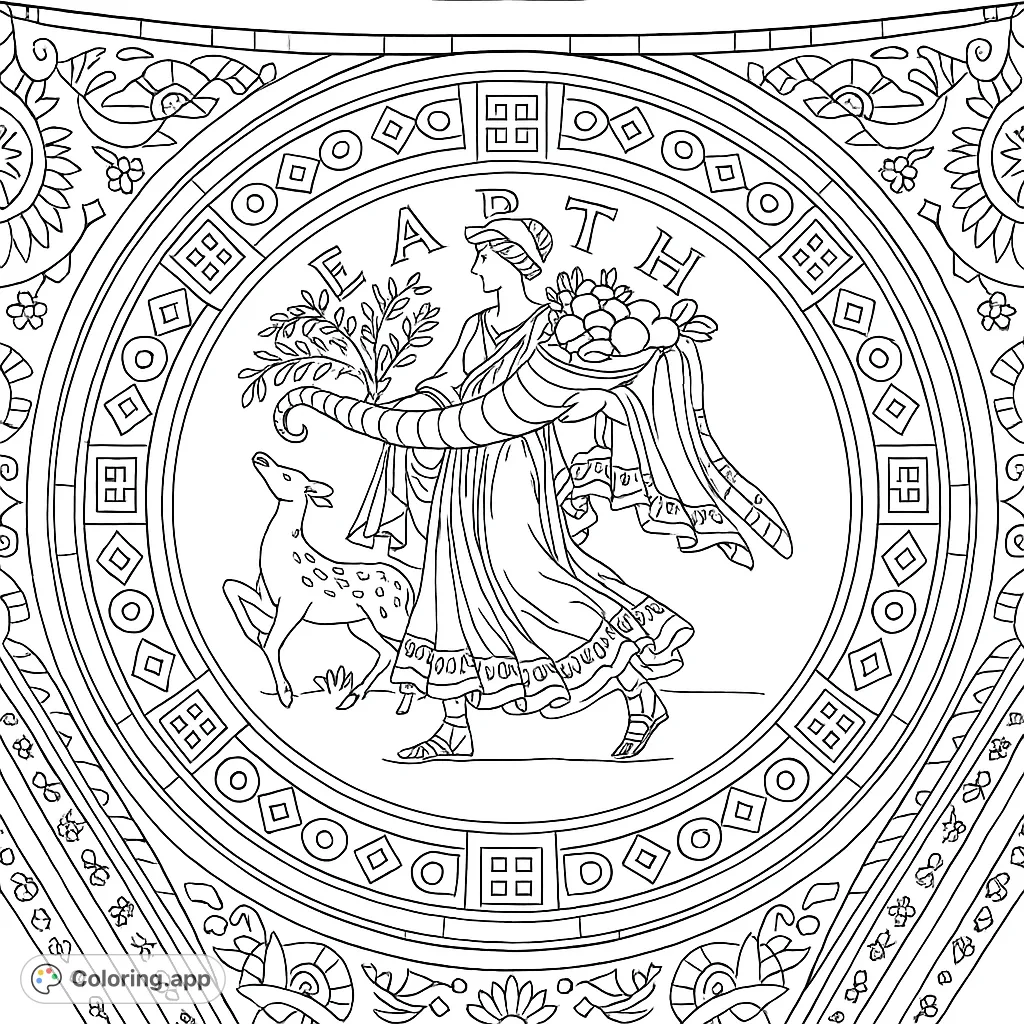 A detailed mythological figure holding a cornucopia, surrounded by intricate geometric and stylized patterns within a circular frame. Perfect for mindful coloring.