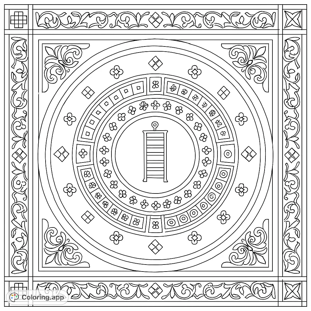 An intricate geometric mandala with symbolic elements and ornate borders, perfect for detailed coloring and mindful artistic expression.