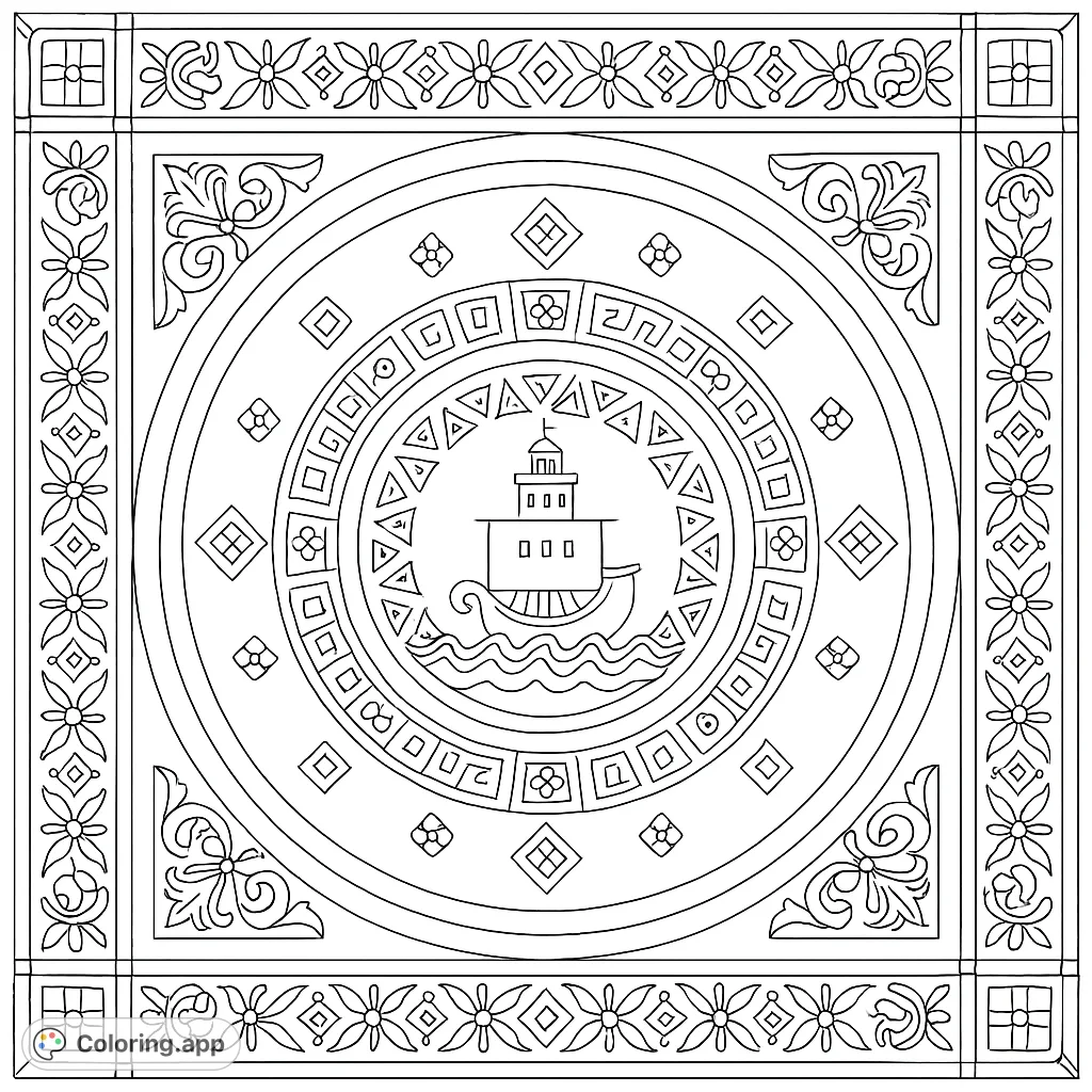 An intricate decorative panel featuring a central lighthouse medallion surrounded by geometric patterns and ornate borders. A detailed design for mindful coloring.