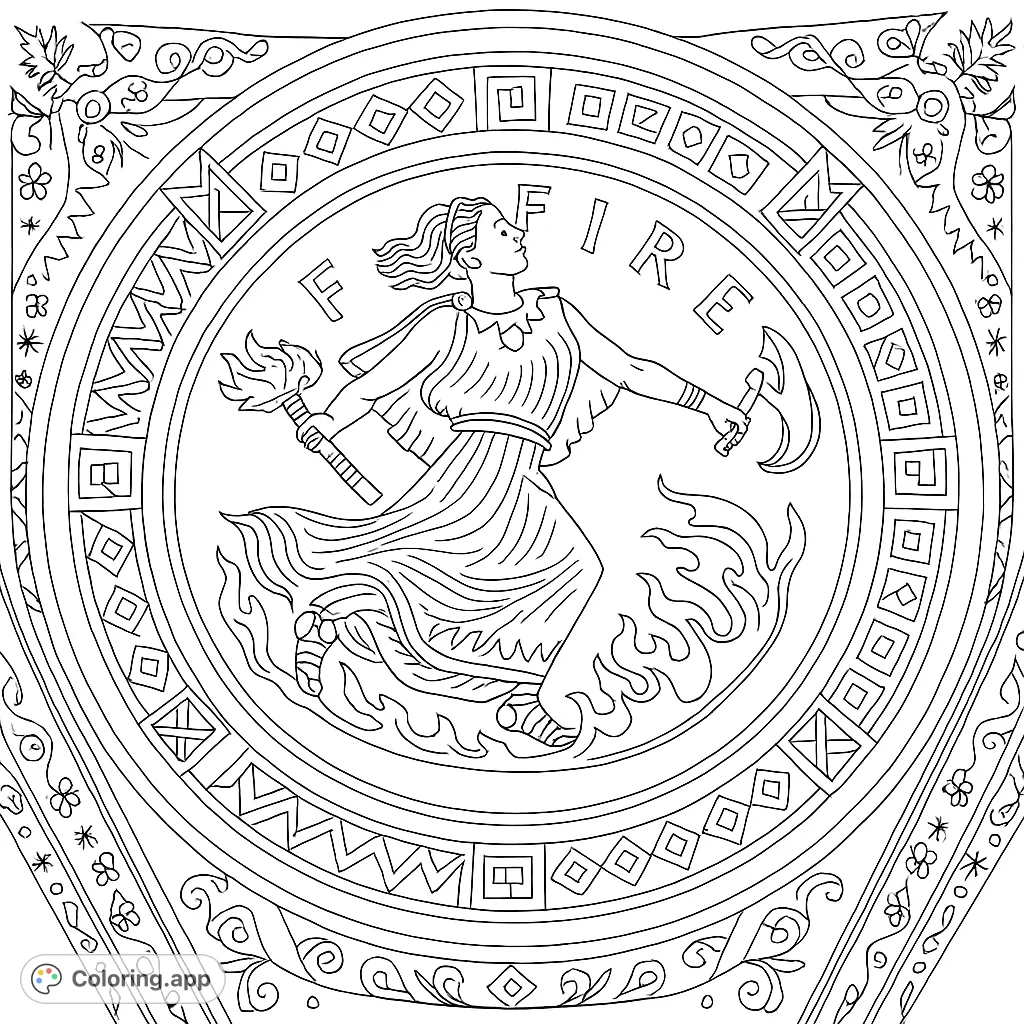 A powerful mythic figure surrounded by intricate geometric and floral patterns, offering a detailed and engaging coloring experience.