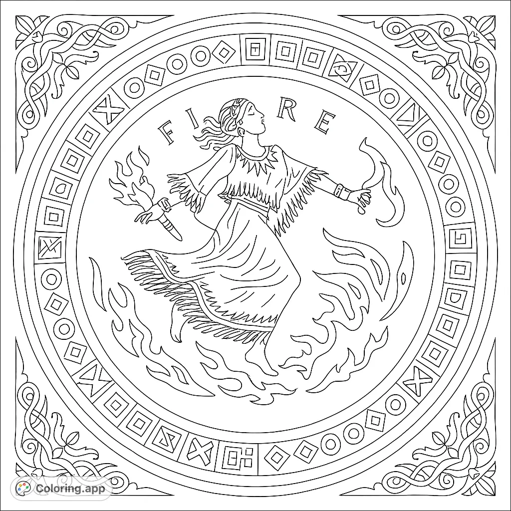 An intricate coloring page featuring a mythic figure with a sun emblem, holding a torch and axe, surrounded by detailed Celtic-inspired patterns within a grand circular medallion.