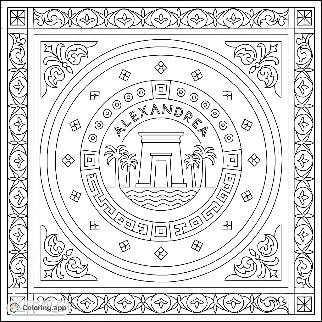 Explore an intricate ancient emblem with a central monument, palm trees, and water, surrounded by detailed geometric and floral patterns. A historical design.