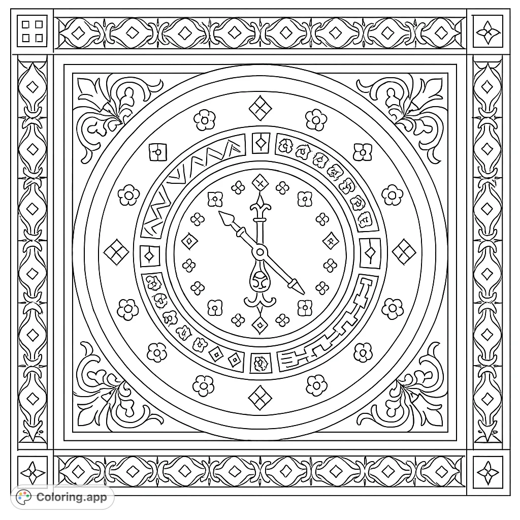 Dive into a world of intricate geometric and floral patterns surrounding a central clock-like motif. A challenging and rewarding coloring experience.