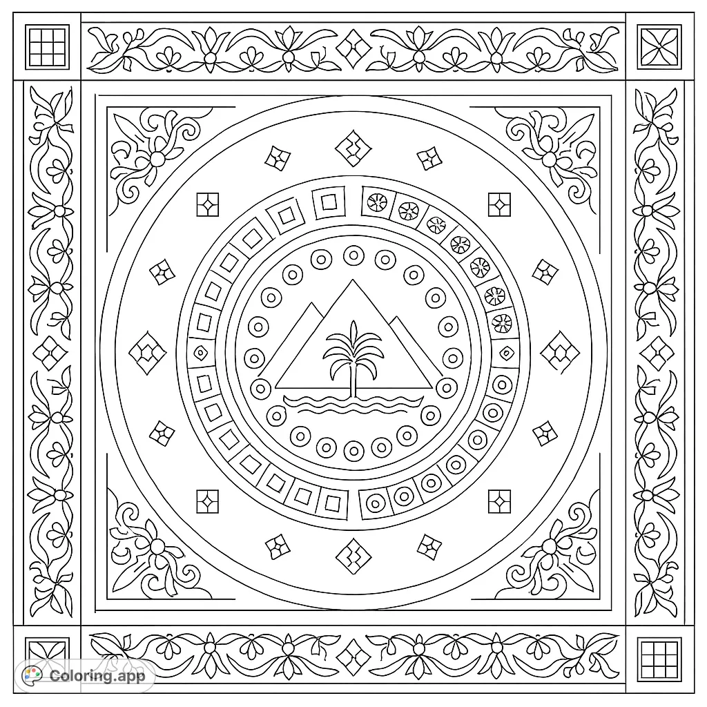 An intricate geometric and floral design featuring a central palm tree and pyramids, framed by ornate borders. A detailed and engaging coloring page.