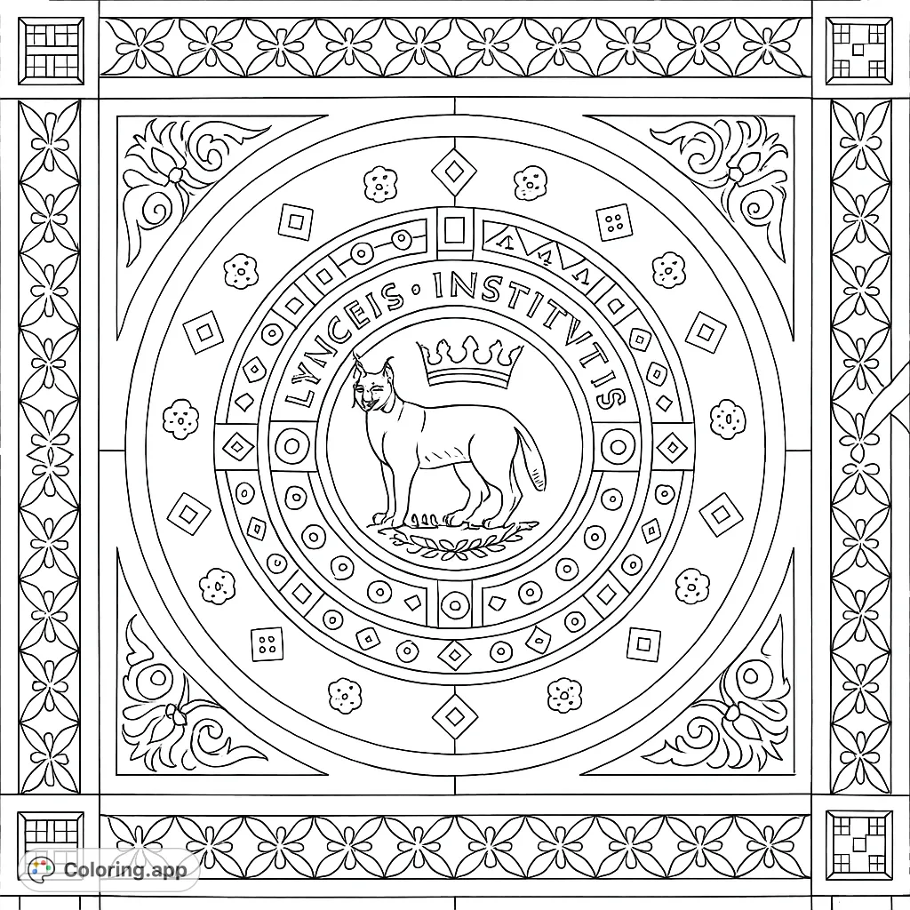 Intricate mosaic featuring a regal lynx with a crown, surrounded by detailed geometric and floral patterns. A challenging and rewarding coloring experience.