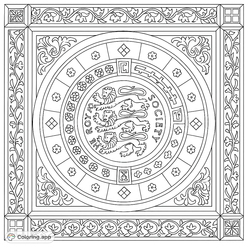 An intricate heraldic emblem featuring three stylized lions, surrounded by detailed concentric rings and a decorative patterned border. A challenging and rewarding coloring experience.