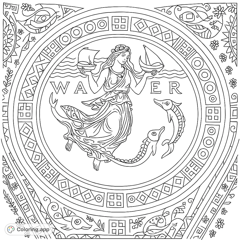 A captivating water goddess coloring page featuring a mythical figure, stylized sea creatures, and intricate decorative patterns within a circular frame.