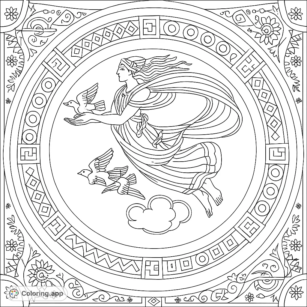 An intricate mythological figure with flowing drapery and winged helmet, accompanied by birds, surrounded by ornate geometric and organic patterns.