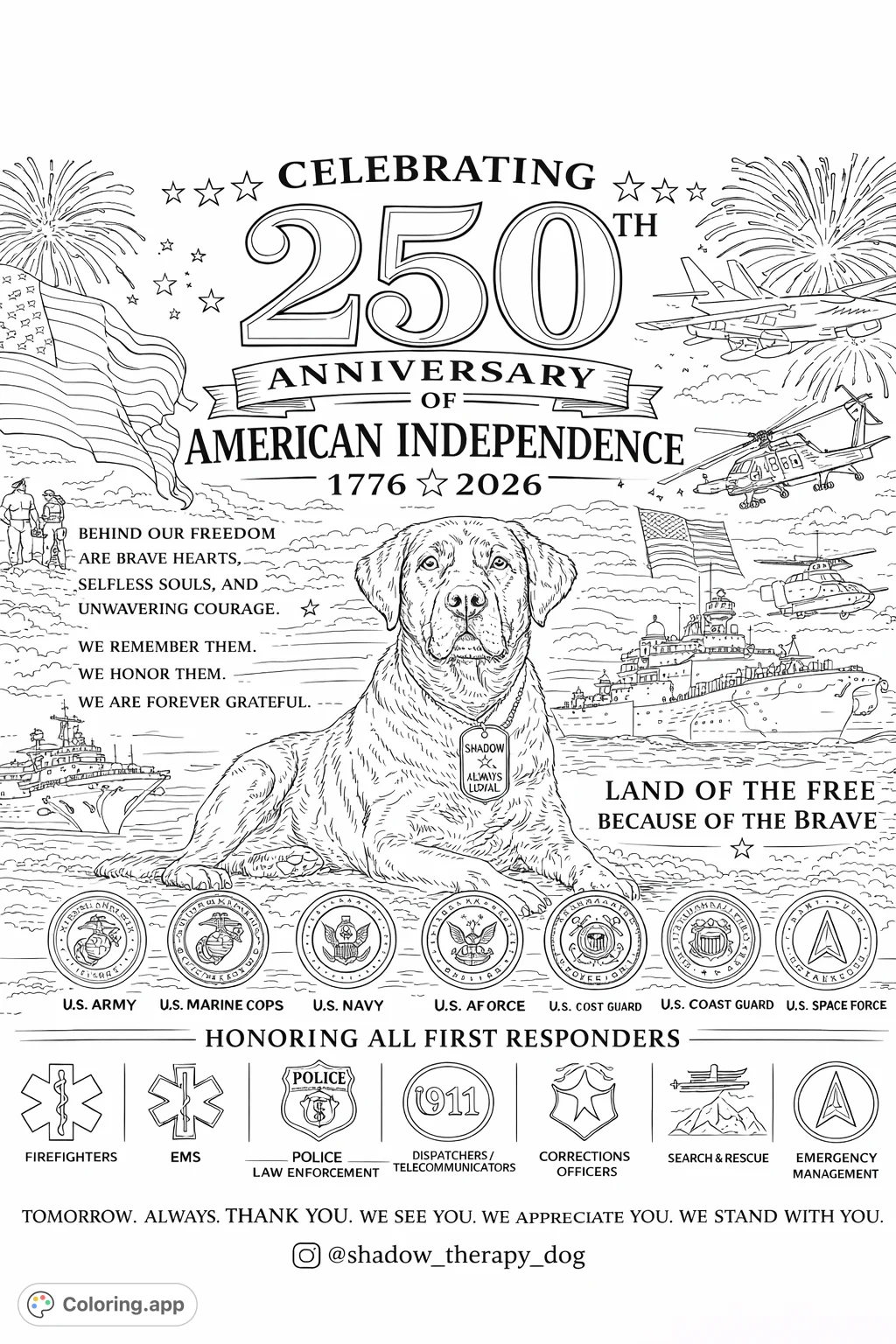 Celebrate national pride with this detailed coloring page featuring a loyal dog amidst military vehicles, American flags, and fireworks, honoring brave hearts.